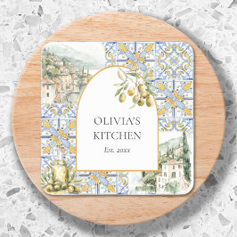 Olijf Mediterraan Geel Blauw Tegelmotief Vierkante Sticker