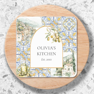 Olijf Mediterraan Geel Blauw Tegelmotief Vierkante Sticker