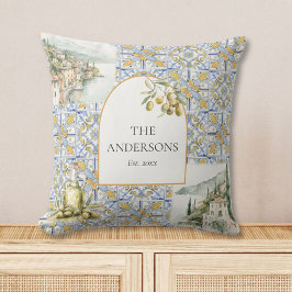 Olijf Mediterraan Geel Blauw Tegelpatroon Kussen