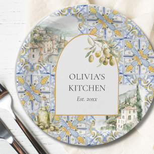 Olijf Mediterraan Geel Blauw Tegelpatroon Papieren Bordje
