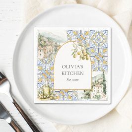 Olijf Mediterraan Geel Blauw Tegelpatroon Servet