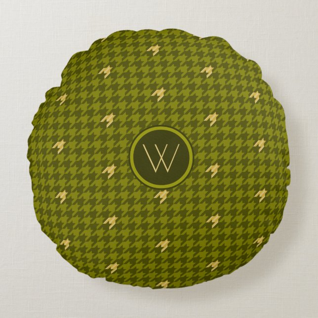 Olijf met gouden accent Houndstooth rond kussen (Voorkant)