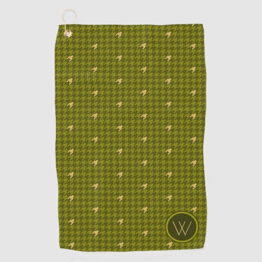 Olijf met Green Accent Houndstooth Golf Towel Golfhanddoek (Voorkant)