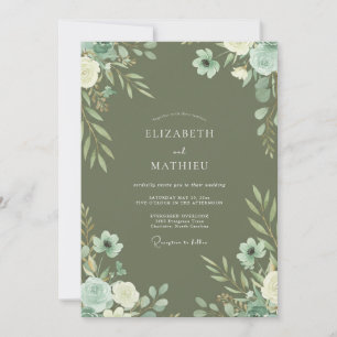 Olijf Mint Wilde Bloemen Bruiloft Kaart