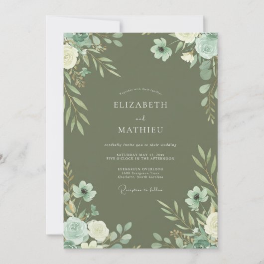 Olijf Mint Wilde Bloemen Bruiloft Kaart (Voorkant)
