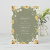 Olijf Mosterd Wilde Bloemen Bruiloft Kaart (Staand voorkant)