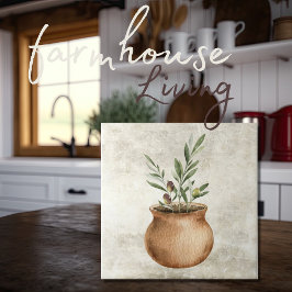 Olijf Plant in Rustieke Planter Waterverven Tegeltje