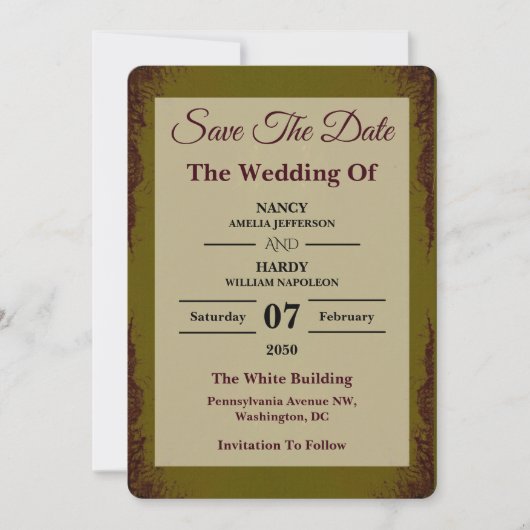 Olijf Roest Aards Trouwen Datum Besparen Save The Date (Voorkant)