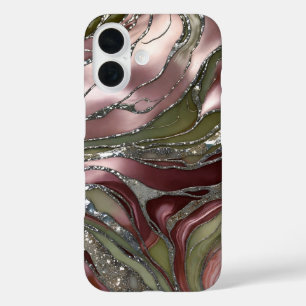 Olijf Roze Marmeren Hoestelcase Goud Luxe iPhone 16 Hoesje