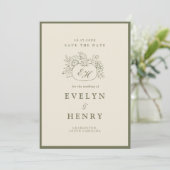 Olijf Sage Herfst Botanische Monogram Save the Dat Kaart (Staand voorkant)