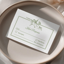 Olijf Sage Toile de Jouy Cherub Huwelijks RSVP Kaa Kaartje