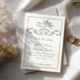 Olijf Sage Toile de Jouy Cherub Save the Date Kaar