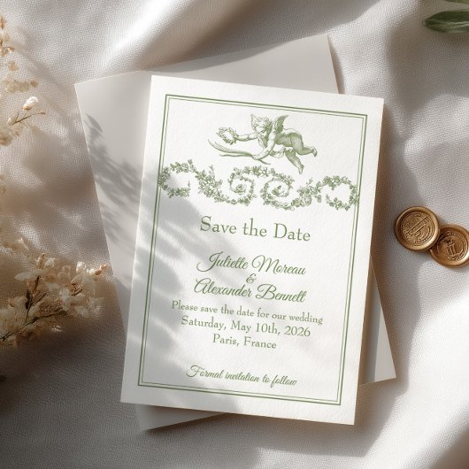 Olijf Sage Toile de Jouy Cherub Save the Date Kaar