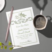 Olijf Sage Toile de Jouy Cherub Save the Date Kaar