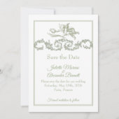 Olijf Sage Toile de Jouy Cherub Save the Date Kaar (Voorkant)