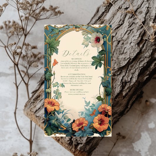 Olijf & Sinaasappel Bruiloft  Art Nouveau Floral Informatiekaartje