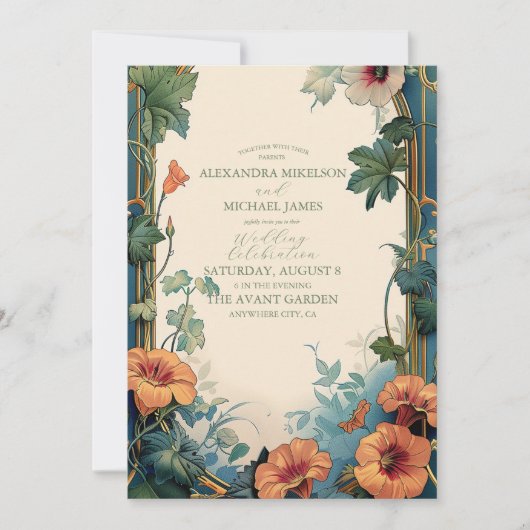 Olijf & Sinaasappel Bruiloft Art Nouveau Floral Kaart (Voorkant)