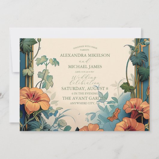 Olijf & Sinaasappel Bruiloft  Art Nouveau Floral Kaart (Voorkant)