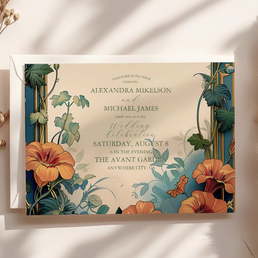 Olijf & Sinaasappel Bruiloft  Art Nouveau Floral Kaart