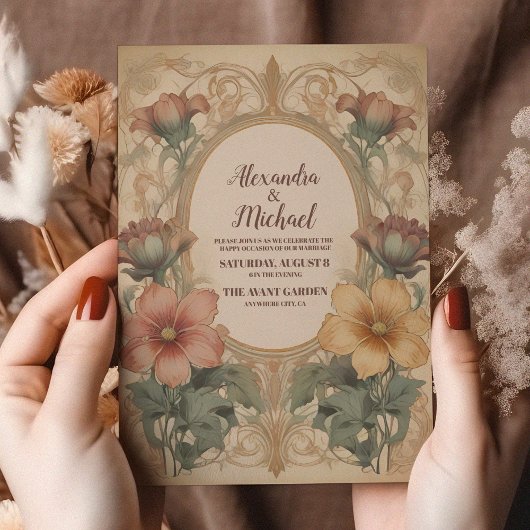 Olijf & Sinaasappel Bruiloft  Art Nouveau Floral Kaart