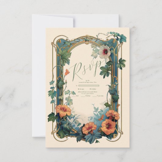Olijf & Sinaasappel Bruiloft  Art Nouveau Floral RSVP Kaartje (Voorkant)