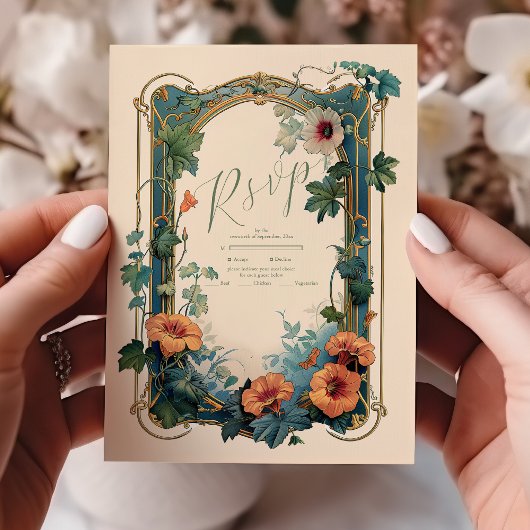Olijf & Sinaasappel Bruiloft  Art Nouveau Floral RSVP Kaartje