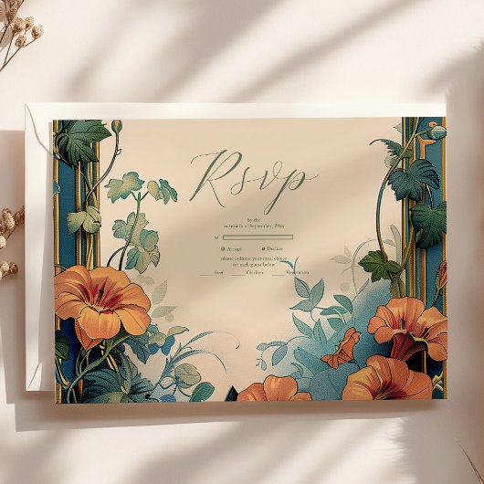 Olijf & Sinaasappel Bruiloft Art Nouveau Floral RSVP Kaartje