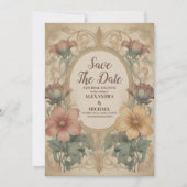 Olijf & Sinaasappel Bruiloft  Art Nouveau Floral Save The Date (Voorkant)