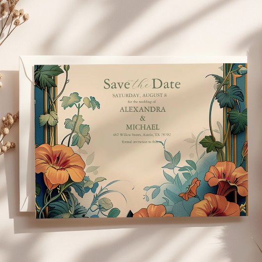 Olijf & Sinaasappel Bruiloft  Art Nouveau Floral Save The Date