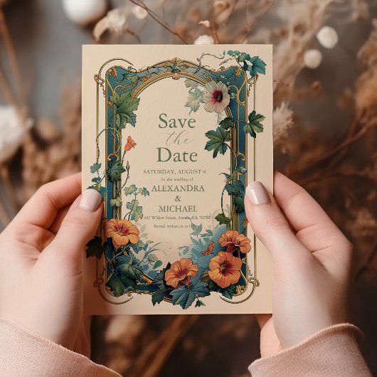 Olijf & Sinaasappel Bruiloft  Art Nouveau Floral Save The Date