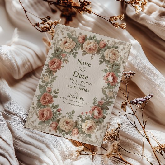 Olijf & Sinaasappel Bruiloft  Art Nouveau Floral Save The Date