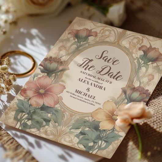 Olijf & Sinaasappel Bruiloft  Art Nouveau Floral Save The Date