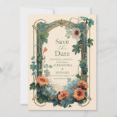 Olijf & Sinaasappel Bruiloft  Art Nouveau Floral Save The Date (Voorkant)