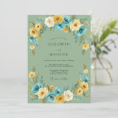 Olijf Teal Ranunculus Eucalyptus Bruiloft Kaart (Staand voorkant)