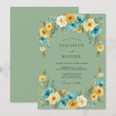Olijf Teal Ranunculus Eucalyptus Bruiloft Kaart (Voorkant / Achterkant)