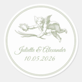 Olijf Toile de Jouy Cupid Klassieke Ronde Trouwsti Sticker