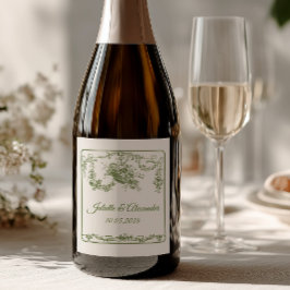 Olijf Toile de Jouy Trouwfles Etiket