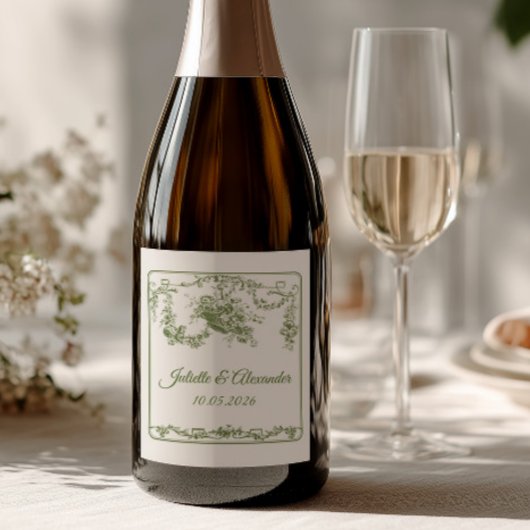 Olijf Toile de Jouy Trouwfles Etiket