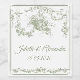 Olijf Toile de Jouy Trouwfles Etiket