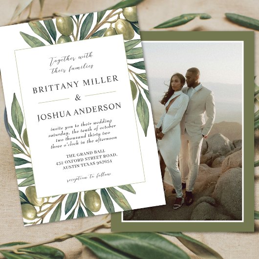 Olijf verlaat moderne mediterrane fotobruiloft kaart