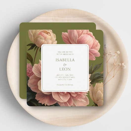 Olijf | Vintage Roze Trouwuitnodiging Kaart