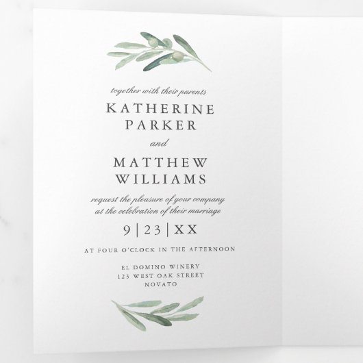 Olijf Waterverf en Faux Roos Gold Wedding Foto Drieluik Uitnodiging (Binnenzijde eerst)