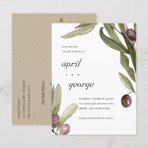 OLIJF WATERVERF LOOF BLOEMEN SAVE THE DATE KAART