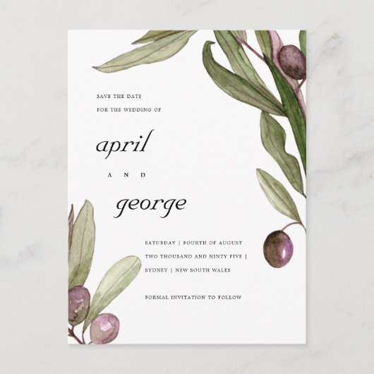 OLIJF WATERVERF LOOF BLOEMEN SAVE THE DATE KAART (Voorkant)