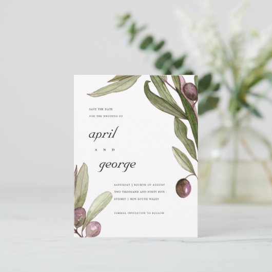 OLIJF WATERVERF LOOF BLOEMEN SAVE THE DATE KAART (Staand voorkant)