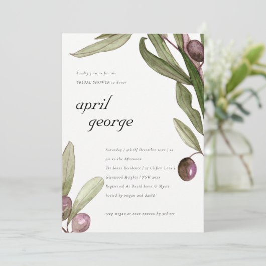 OLIJF WATERVERF LOOF BRUIDSSHOWER UITNODIGING (Staand voorkant)