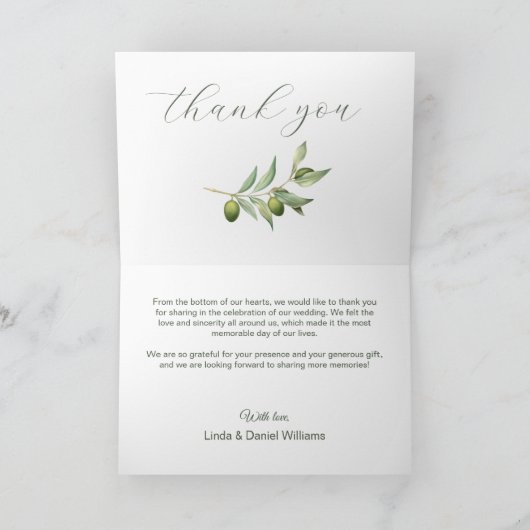 Olijf Waterverf Rustieke Trouw Dankkaart  Bedankkaart (Binnen)