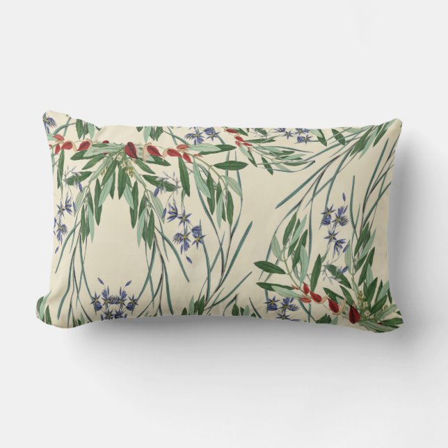Olijfbijkantoren en Blauwe Bloemen Lumbar Pillow Buitenkussen (Voorkant)