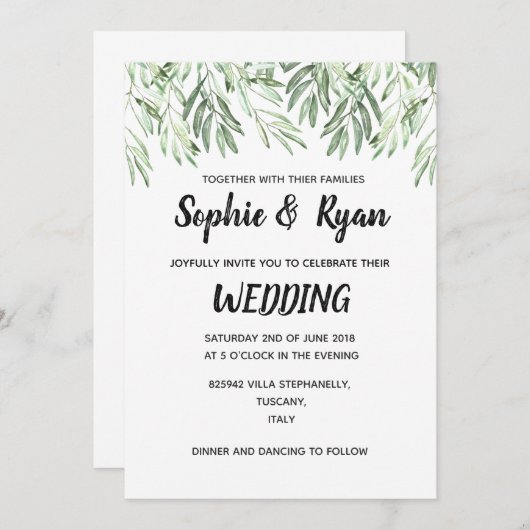 Olijfbijkantoren huwelijksuitnodiging kaart (Voorkant / Achterkant)