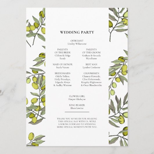 Olijfbijkantoren lijst dubbelzijdig huwelijk programmakaart (Achterkant)